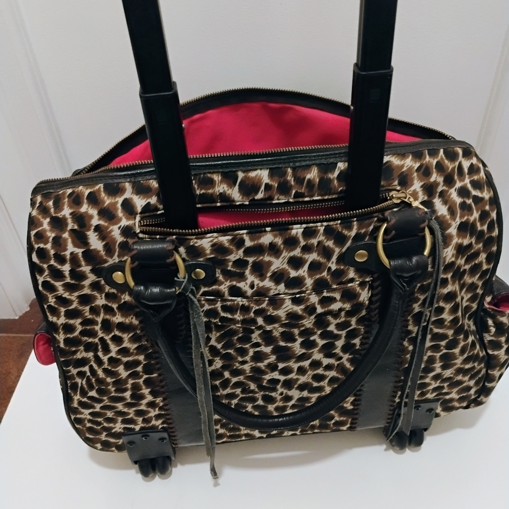Vintage Gogo Voyage Leopard Print Pink Rollaway Travel Duffle Carry On Bag - Picture 2 of 8